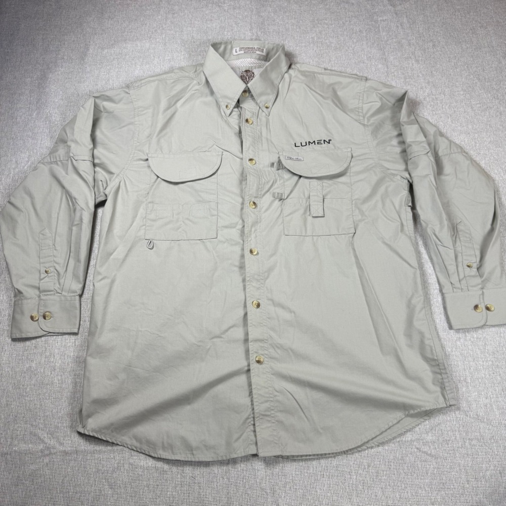 Tiger Hill Mens L Fishing Shirt Khaki Tan Long Sleeve Performance Poplin Lumen
